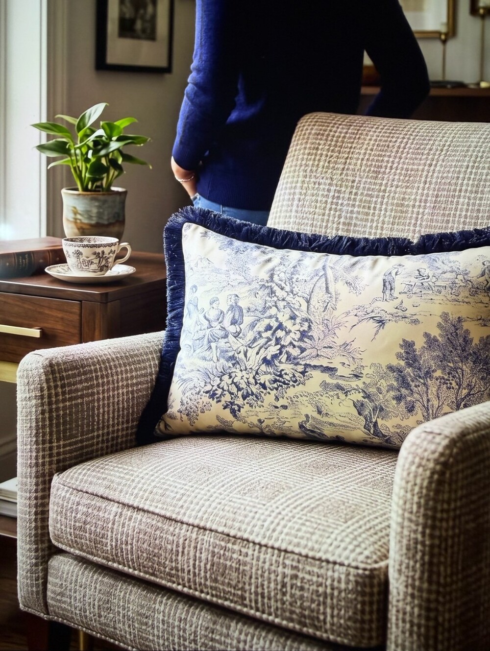 Blue and Cream Toile Decorative Fringe Throw Pillow